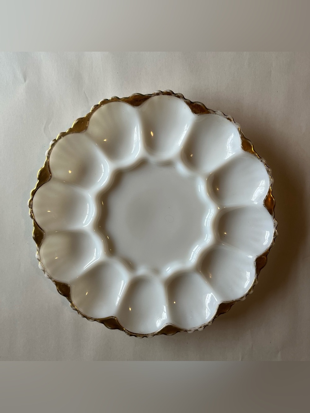 Vintage Anchor Hocking Milk Glass Gold Rim Deviled Egg Platter 9.75"